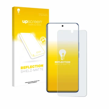 Parte frontal de un envase de producto con el logotipo de la marca upscreen. Al lado se muestra el dispositivo Vivo V50 con su