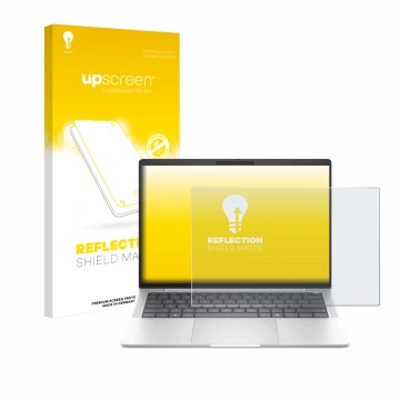Parte frontal de un envase de producto con el logotipo de la marca upscreen. Al lado se muestra el dispositivo HP EliteBook 10
