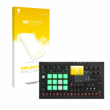 Parte frontal de un envase de producto con el logotipo de la marca upscreen. Al lado se muestra el dispositivo Elektron Analog