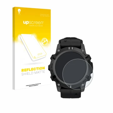 Parte frontal de un envase de producto con el logotipo de la marca upscreen. Al lado se muestra el dispositivo Garmin Descent 