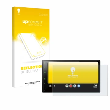 Parte frontal de un envase de producto con el logotipo de la marca upscreen. Al lado se muestra el dispositivo Pioneer SPH-DA7