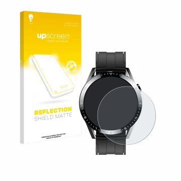 Parte frontal de un envase de producto con el logotipo de la marca upscreen. Al lado se muestra el dispositivo Tracer Smartwat