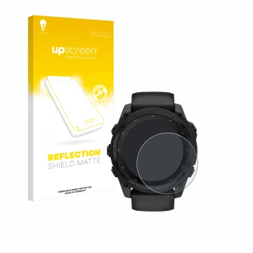 Parte frontal de un envase de producto con el logotipo de la marca upscreen. Al lado se muestra el dispositivo Garmin Tactix 8