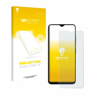 Parte frontal de un envase de producto con el logotipo de la marca upscreen. Al lado se muestra el dispositivo ZTE Blade A35e 