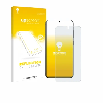 Parte frontal de un envase de producto con el logotipo de la marca upscreen. Al lado se muestra el dispositivo Samsung Galaxy 