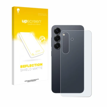 Parte frontal de un envase de producto con el logotipo de la marca upscreen. Al lado se muestra el dispositivo Samsung Galaxy 