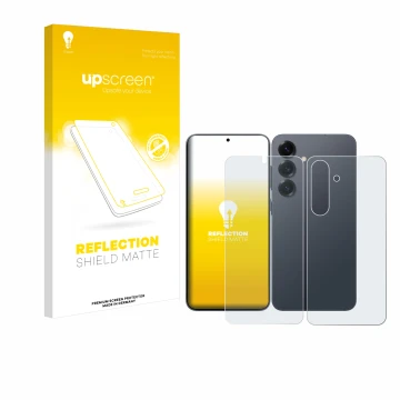 Parte frontal de un envase de producto con el logotipo de la marca upscreen. Al lado se muestra el dispositivo Samsung Galaxy 