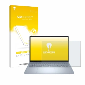 Parte frontal de un envase de producto con el logotipo de la marca upscreen. Al lado se muestra el dispositivo Dell 16 Plus-2-