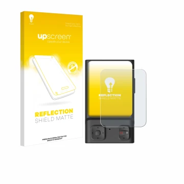 Parte frontal de un envase de producto con el logotipo de la marca upscreen. Al lado se muestra el dispositivo Hoverair Beacon