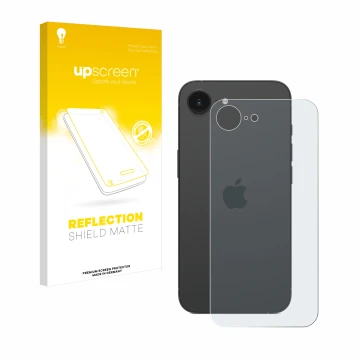Parte frontal de un envase de producto con el logotipo de la marca upscreen. Al lado se muestra el dispositivo Apple iPhone 16