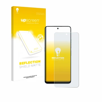 Parte frontal de un envase de producto con el logotipo de la marca upscreen. Al lado se muestra el dispositivo Umidigi Note 10