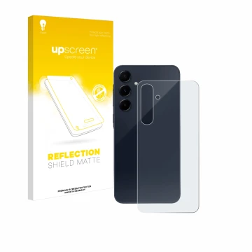 Parte frontal de un envase de producto con el logotipo de la marca upscreen. Al lado se muestra el dispositivo Samsung Galaxy 