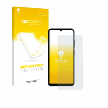 Parte frontal de un envase de producto con el logotipo de la marca upscreen. Al lado se muestra el dispositivo ZTE Blade A55 c