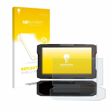 Parte frontal de un envase de producto con el logotipo de la marca upscreen. Al lado se muestra el dispositivo Honda NT 1100 2