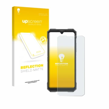 Parte frontal de un envase de producto con el logotipo de la marca upscreen. Al lado se muestra el dispositivo Doogee S200X co