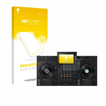 Parte frontal de un envase de producto con el logotipo de la marca upscreen. Al lado se muestra el dispositivo Pioneer XDJ-AZ 
