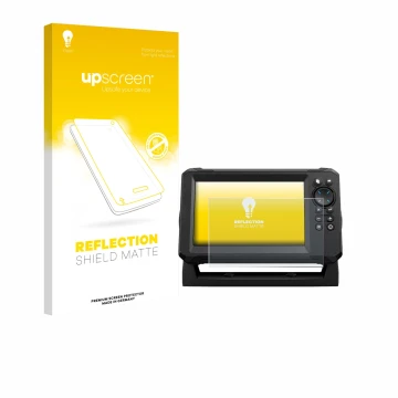 Parte frontal de un envase de producto con el logotipo de la marca upscreen. Al lado se muestra el dispositivo Lowrance Eagle 