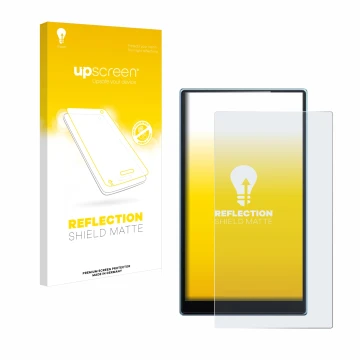 Parte frontal de un envase de producto con el logotipo de la marca upscreen. Al lado se muestra el dispositivo FiiO JM21 con s