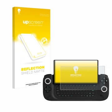 Parte frontal de un envase de producto con el logotipo de la marca upscreen. Al lado se muestra el dispositivo Antec Core HS c