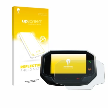 Parte frontal de un envase de producto con el logotipo de la marca upscreen. Al lado se muestra el dispositivo Kawasaki Versys