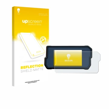 Parte frontal de un envase de producto con el logotipo de la marca upscreen. Al lado se muestra el dispositivo KTM 390 / 890 A