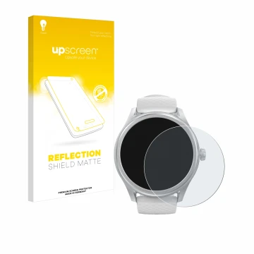 Parte frontal de un envase de producto con el logotipo de la marca upscreen. Al lado se muestra el dispositivo Hama Smartwatch