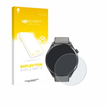 Parte frontal de un envase de producto con el logotipo de la marca upscreen. Al lado se muestra el dispositivo Hama Smartwatch