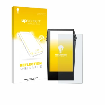 Parte frontal de un envase de producto con el logotipo de la marca upscreen. Al lado se muestra el dispositivo Astell&Kern SP3