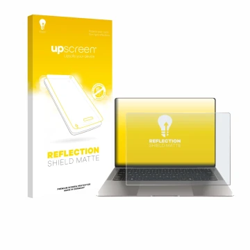 Parte frontal de un envase de producto con el logotipo de la marca upscreen. Al lado se muestra el dispositivo Honor MagicBook