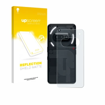 Parte frontal de un envase de producto con el logotipo de la marca upscreen. Al lado se muestra el dispositivo Nothing Phone (