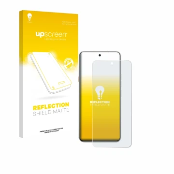 Parte frontal de un envase de producto con el logotipo de la marca upscreen. Al lado se muestra el dispositivo Tecno Camon 40 