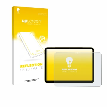 Parte frontal de un envase de producto con el logotipo de la marca upscreen. Al lado se muestra el dispositivo Apple iPad Air 