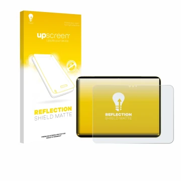 Parte frontal de un envase de producto con el logotipo de la marca upscreen. Al lado se muestra el dispositivo Apple iPad Air 