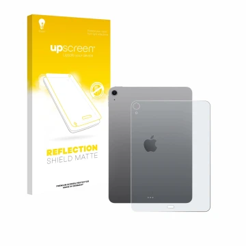 Parte frontal de un envase de producto con el logotipo de la marca upscreen. Al lado se muestra el dispositivo Apple iPad Air 