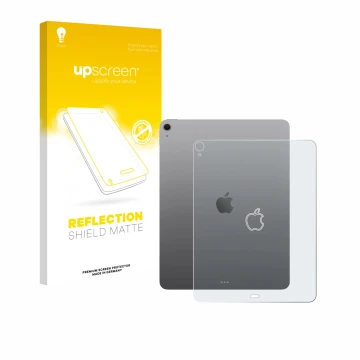 Parte frontal de un envase de producto con el logotipo de la marca upscreen. Al lado se muestra el dispositivo Apple iPad Air 