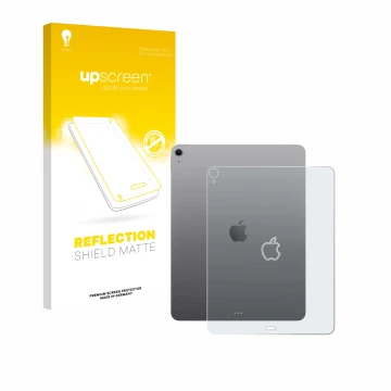 Parte frontal de un envase de producto con el logotipo de la marca upscreen. Al lado se muestra el dispositivo Apple iPad Air 