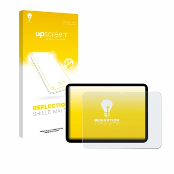 Parte frontal de un envase de producto con el logotipo de la marca upscreen. Al lado se muestra el dispositivo Apple iPad A16 