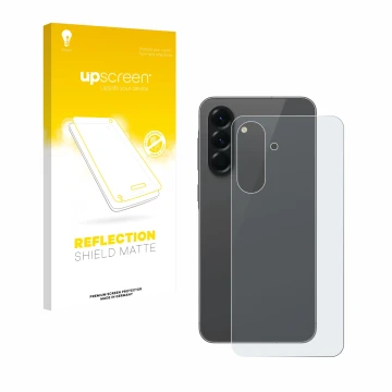 Parte frontal de un envase de producto con el logotipo de la marca upscreen. Al lado se muestra el dispositivo Samsung Galaxy 