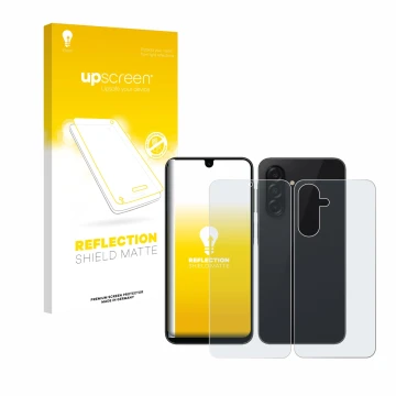 Parte frontal de un envase de producto con el logotipo de la marca upscreen. Al lado se muestra el dispositivo Samsung Galaxy 