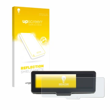 Parte frontal de un envase de producto con el logotipo de la marca upscreen. Al lado se muestra el dispositivo KTM 990 Duke R 