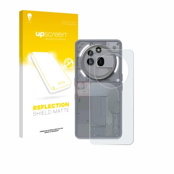 Parte frontal de un envase de producto con el logotipo de la marca upscreen. Al lado se muestra el dispositivo Nothing Phone (