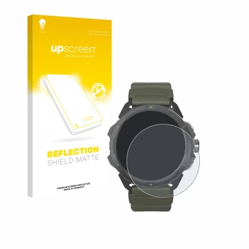 Parte frontal de un envase de producto con el logotipo de la marca upscreen. Al lado se muestra el dispositivo Hammer Watch 2 