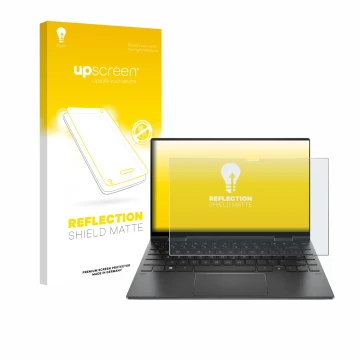 Parte frontal de un envase de producto con el logotipo de la marca upscreen. Al lado se muestra el dispositivo HP Envy x360 Co