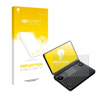 Parte frontal de un envase de producto con el logotipo de la marca upscreen. Al lado se muestra el dispositivo GPD Win Mini (2
