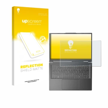 Parte frontal de un envase de producto con el logotipo de la marca upscreen. Al lado se muestra el dispositivo Acer Aspire 14 