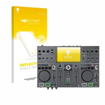 Parte frontal de un envase de producto con el logotipo de la marca upscreen. Al lado se muestra el dispositivo Denon DJ Prime 