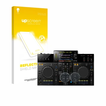 Parte frontal de un envase de producto con el logotipo de la marca upscreen. Al lado se muestra el dispositivo Pioneer XDJ -RR