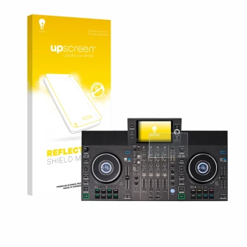 Parte frontal de un envase de producto con el logotipo de la marca upscreen. Al lado se muestra el dispositivo Denon DJ SC LIV
