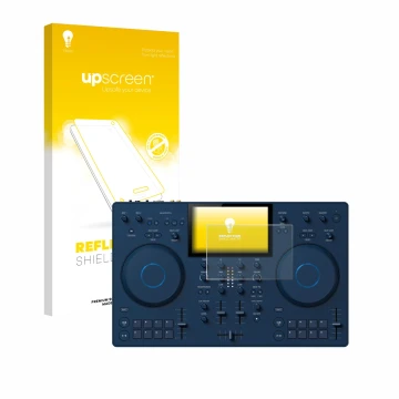 Parte frontal de un envase de producto con el logotipo de la marca upscreen. Al lado se muestra el dispositivo AlphaTheta OMNI