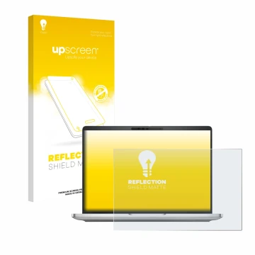 Parte frontal de un envase de producto con el logotipo de la marca upscreen. Al lado se muestra el dispositivo Dell Pro 13 Plu